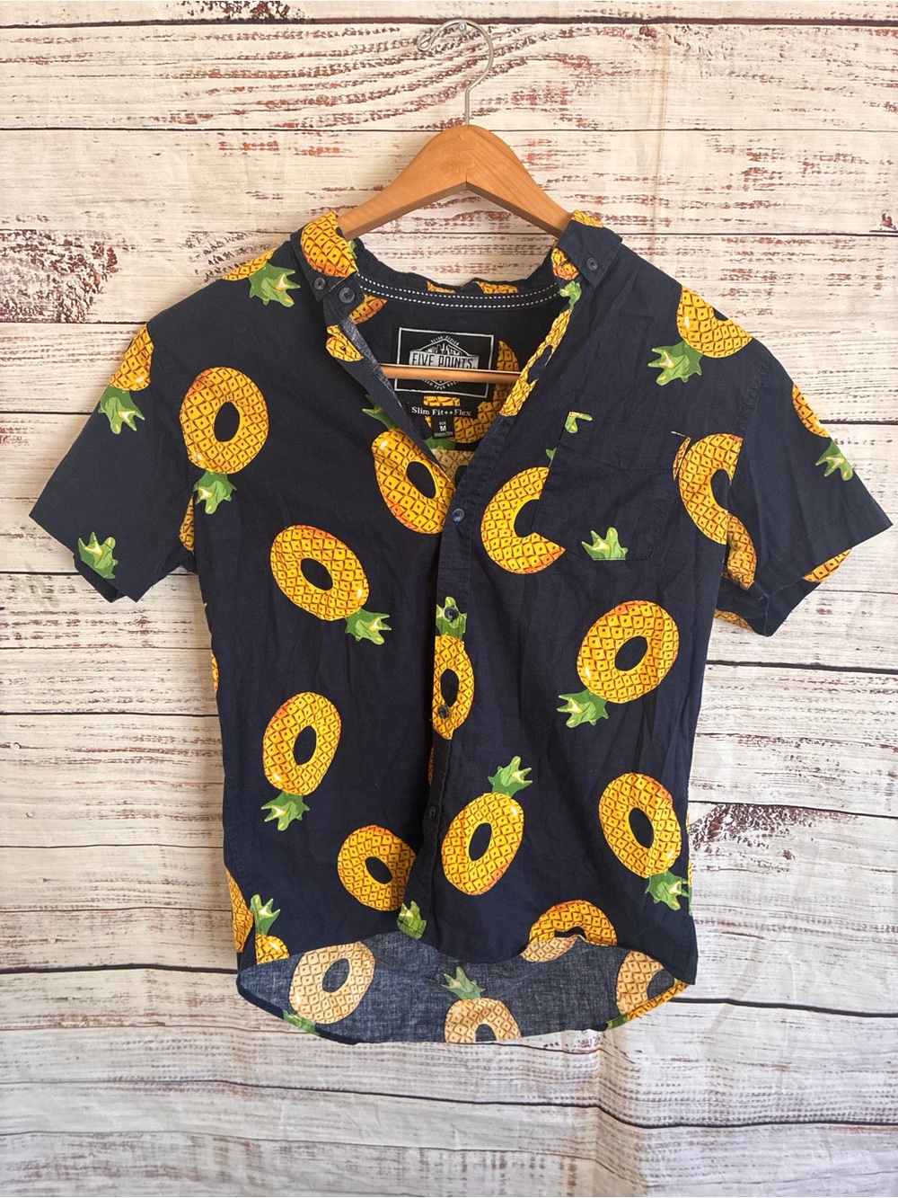Five Points Navy Short-Sleeve Pineapple Print Shirt Medium